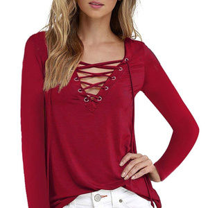 Plunging Lace Up V-Neck Long Sleeve Top, Medium